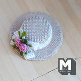1:6 Scale Miniature Woven Pattern Straw Hat with White Lace & 2 Pink Roses 2-3/16 inch dia. - C060