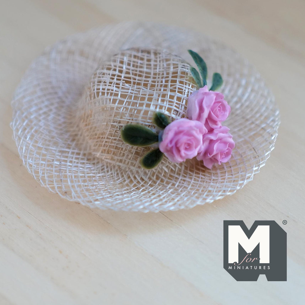 1:6 Scale Miniature Woven Pattern Straw Hat with White Lace & 3 Pink Roses 2-3/16 inch dia. - C060