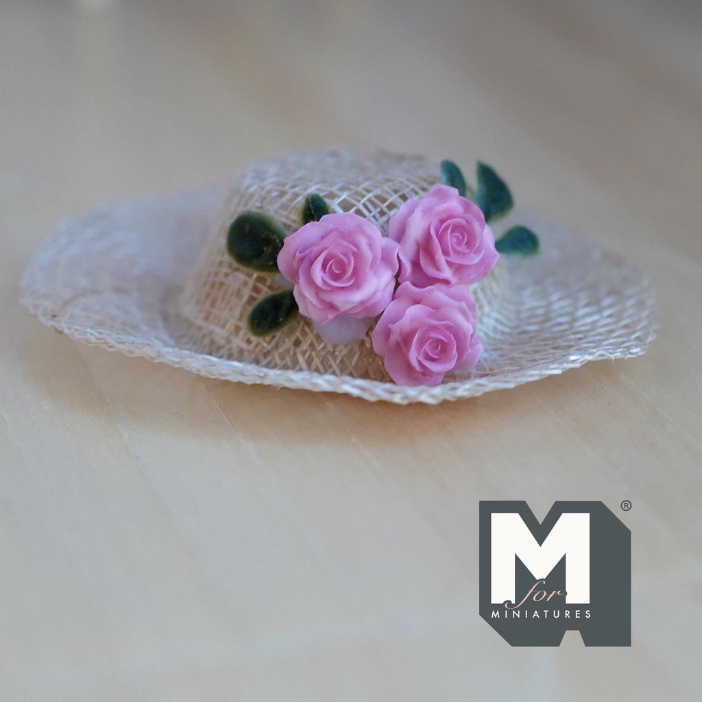 1:6 Scale Miniature Woven Pattern Straw Hat with White Lace & 3 Pink Roses 2-3/16 inch dia. - C060