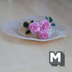 1:6 Scale Miniature Woven Pattern Straw Hat with White Lace & 3 Pink Roses 2-3/16 inch dia. - C060