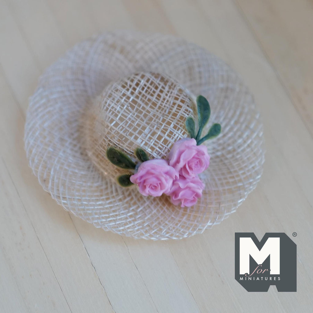 1:6 Scale Miniature Woven Pattern Straw Hat with White Lace & 3 Pink Roses 2-3/16 inch dia. - C060