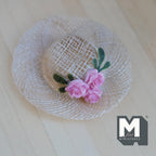 1:6 Scale Miniature Woven Pattern Straw Hat with White Lace & 3 Pink Roses 2-3/16 inch dia. - C060