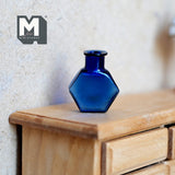 Miniature Hexagon Glass Bottle 1:12 Scale Dollhouse Flask Fairy Garden Glass Vase 1 inch tall (dark blue) - A097