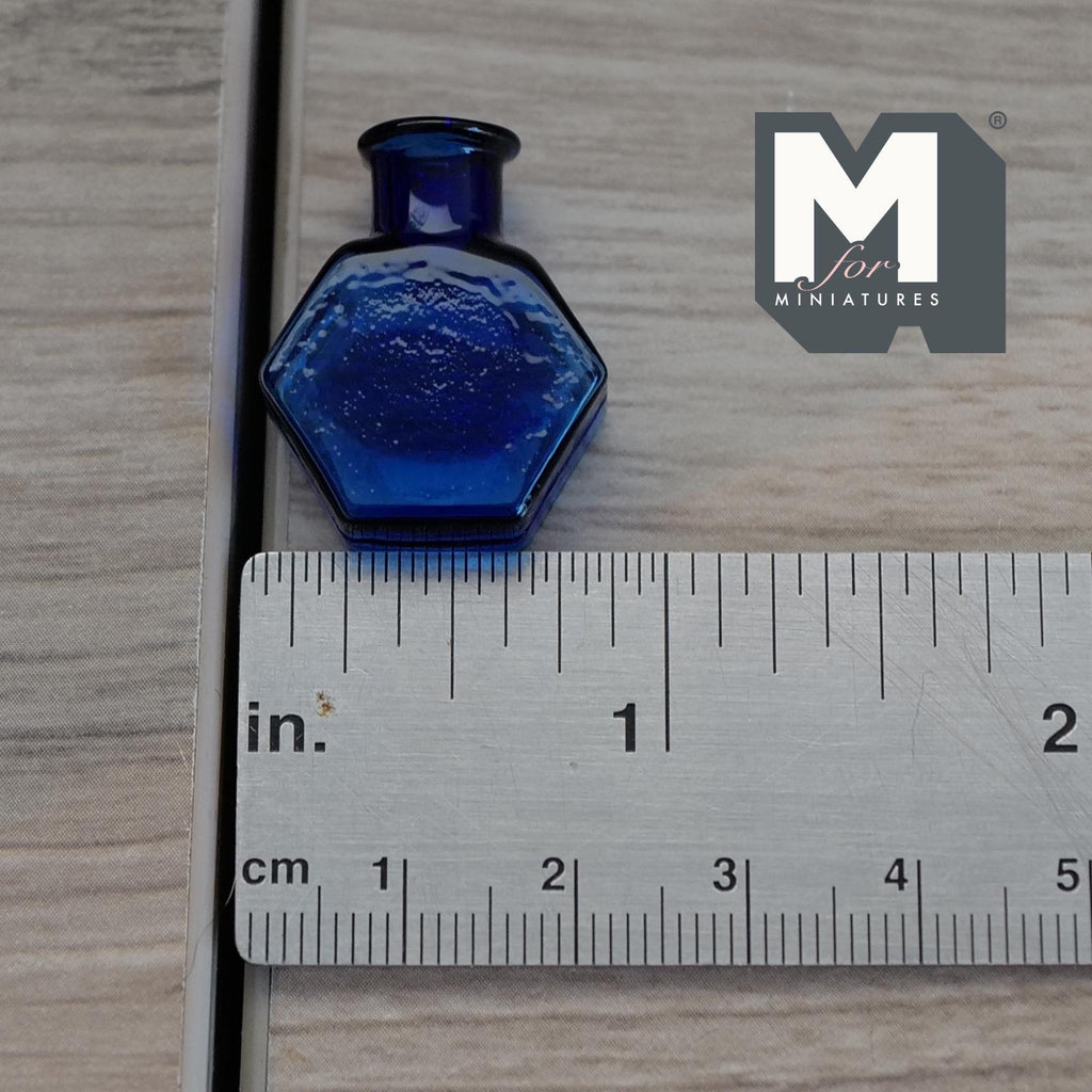 Miniature Hexagon Glass Bottle 1:12 Scale Dollhouse Flask Fairy Garden Glass Vase 1 inch tall (dark blue) - A097