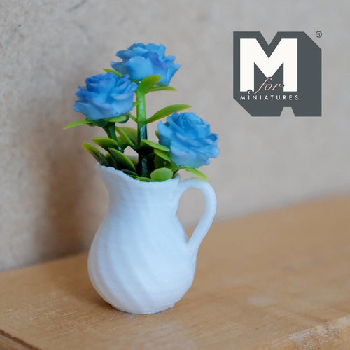 Miniature Blue Roses in White Pitcher Vase 1:12 Scale Dollhouse Flowers in White Jug 1-7/16 inch tall - G082