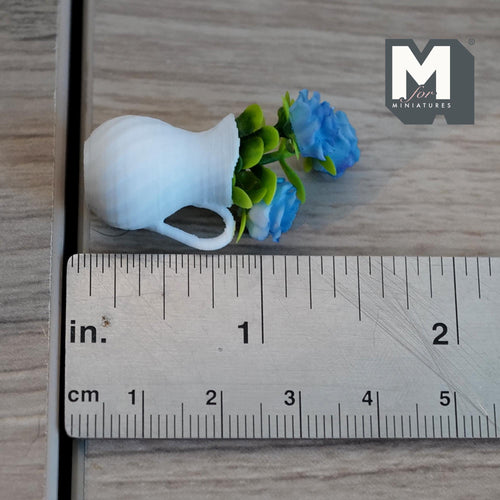 Miniature Blue Roses in White Pitcher Vase 1:12 Scale Dollhouse Flowers in White Jug 1-7/16 inch tall - G082