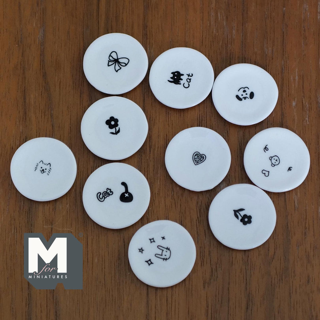 Miniature Plates Large Size Set of 10 , 1:12 Scale Dollhouse Nursery Tableware Pets and Flowers 1-1/4 inch dia. (white) - A041