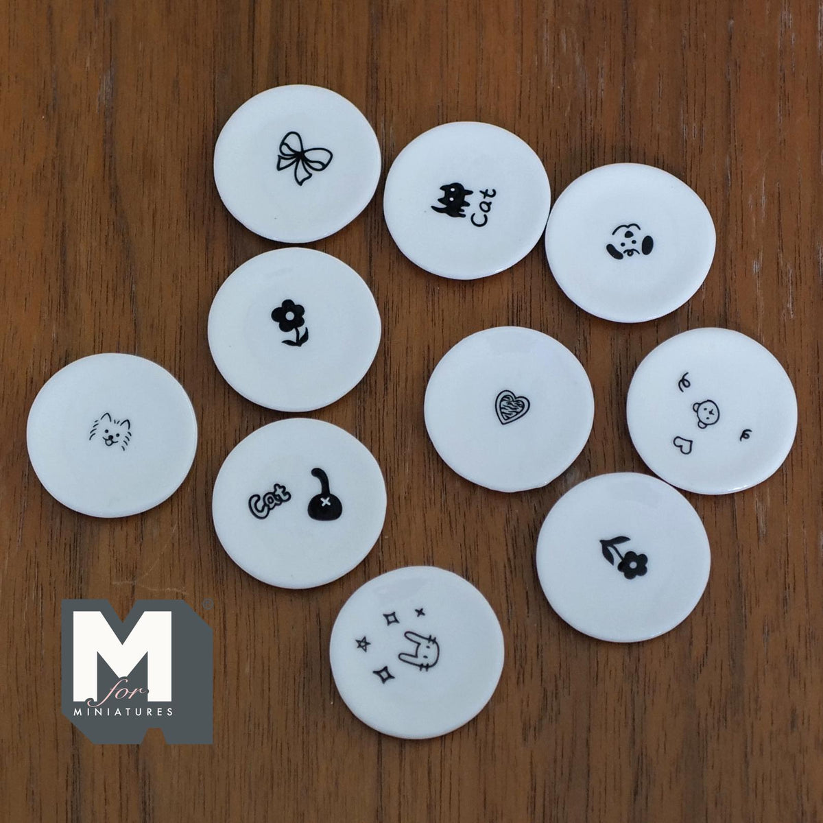 Miniature Plates Large Size Set of 10 , 1:12 Scale Dollhouse Nursery Tableware Pets and Flowers 1-1/4 inch dia. (white) - A041