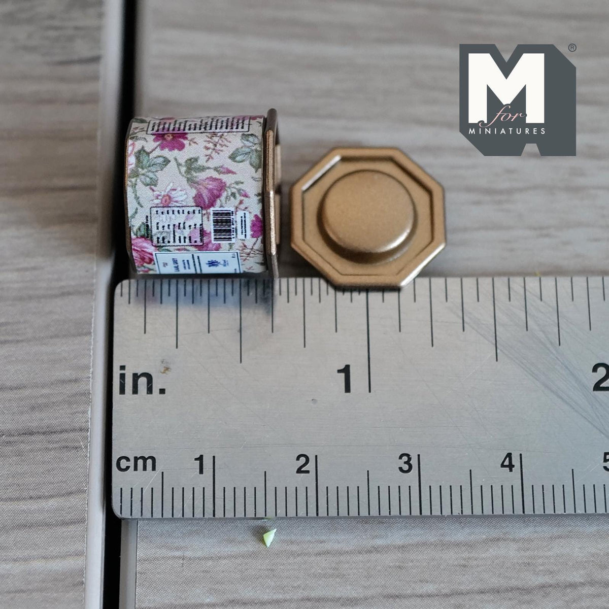 Miniature Tea Tin 1:12 Scale Dollhouse Kitchen Octagonal Floral Canister with Removable Lid 11/16 inch dia. (beige floral) - H024