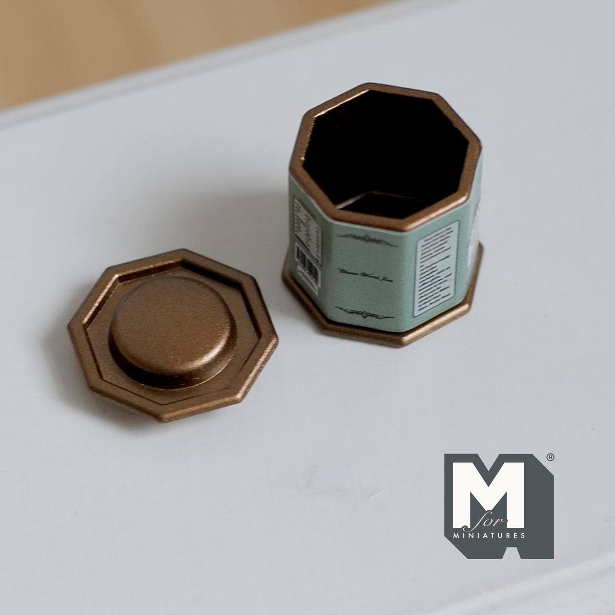 Miniature Tea Tin 1:12 Scale Dollhouse Kitchen Octagonal Floral Canister with Removable Lid 11/16 inch dia. (green) - H024