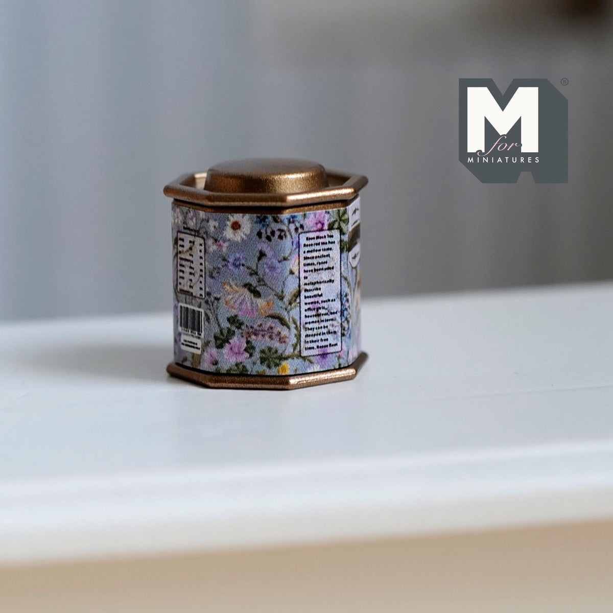 Miniature Tea Tin 1:12 Scale Dollhouse Kitchen Octagonal Floral Canister with Removable Lid 11/16 inch dia. (light blue floral) - H024