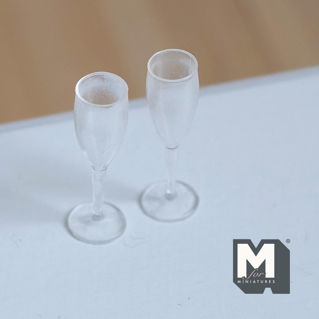 Miniature Champagne Flute Set of 2 , 1:12 Scale Dollhouse Wine Glasses Dining Accessories 7/8 inch tall (style a) - E056