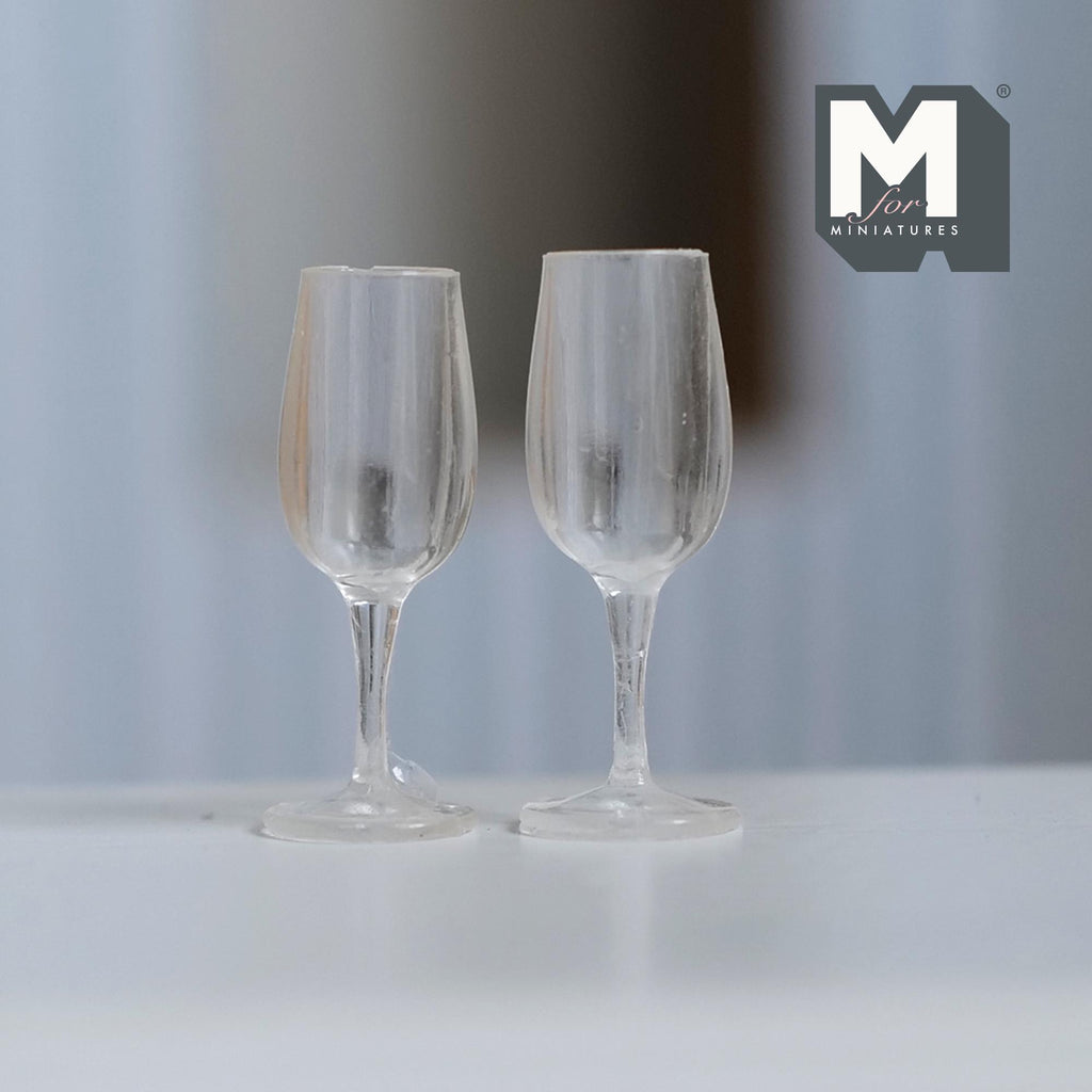 Miniature Champagne Flute Set of 2 , 1:12 Scale Dollhouse Wine Glasses Dining Accessories 13/16 inch tall (style a) - E056