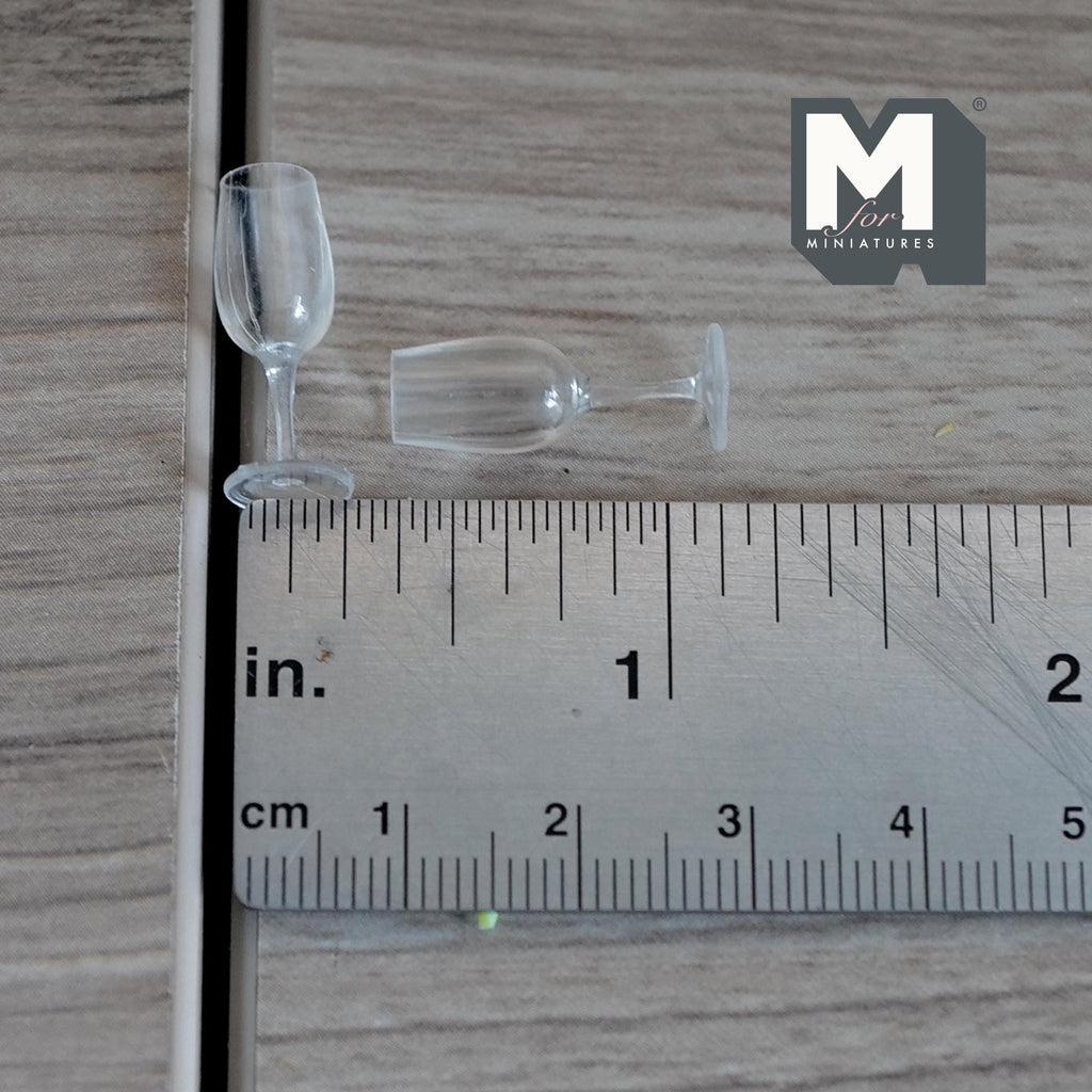 Miniature Champagne Flute Set of 2 , 1:12 Scale Dollhouse Wine Glasses Dining Accessories 13/16 inch tall (style a) - E056