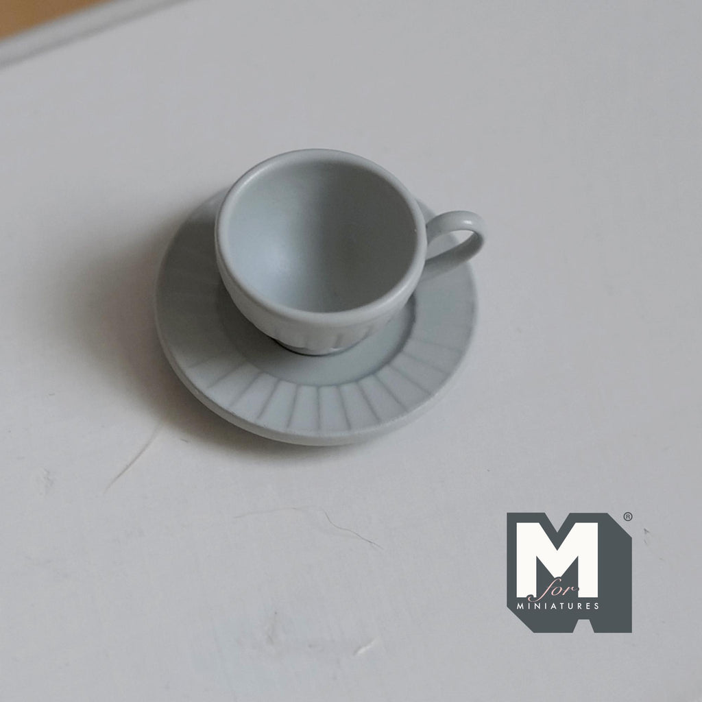 Miniature Coffee Cup and Saucer Set 1:12 Scale Dollhouse Tea Cup Drinkware Set of 2 (light gray) (metal) - F071