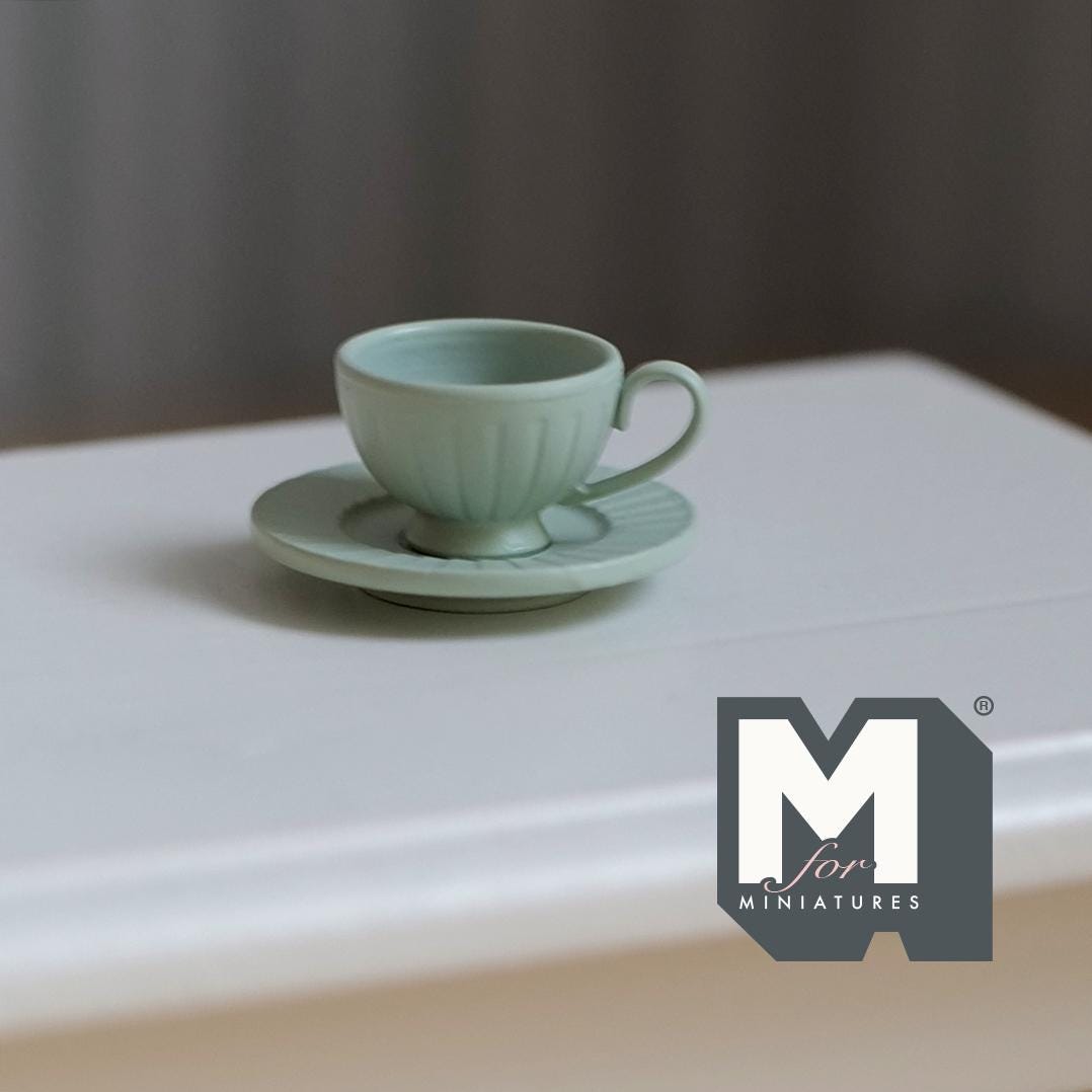 Miniature Coffee Cup and Saucer Set 1:12 Scale Dollhouse Tea Cup Drinkware Set of 2 (green) (metal) - F071