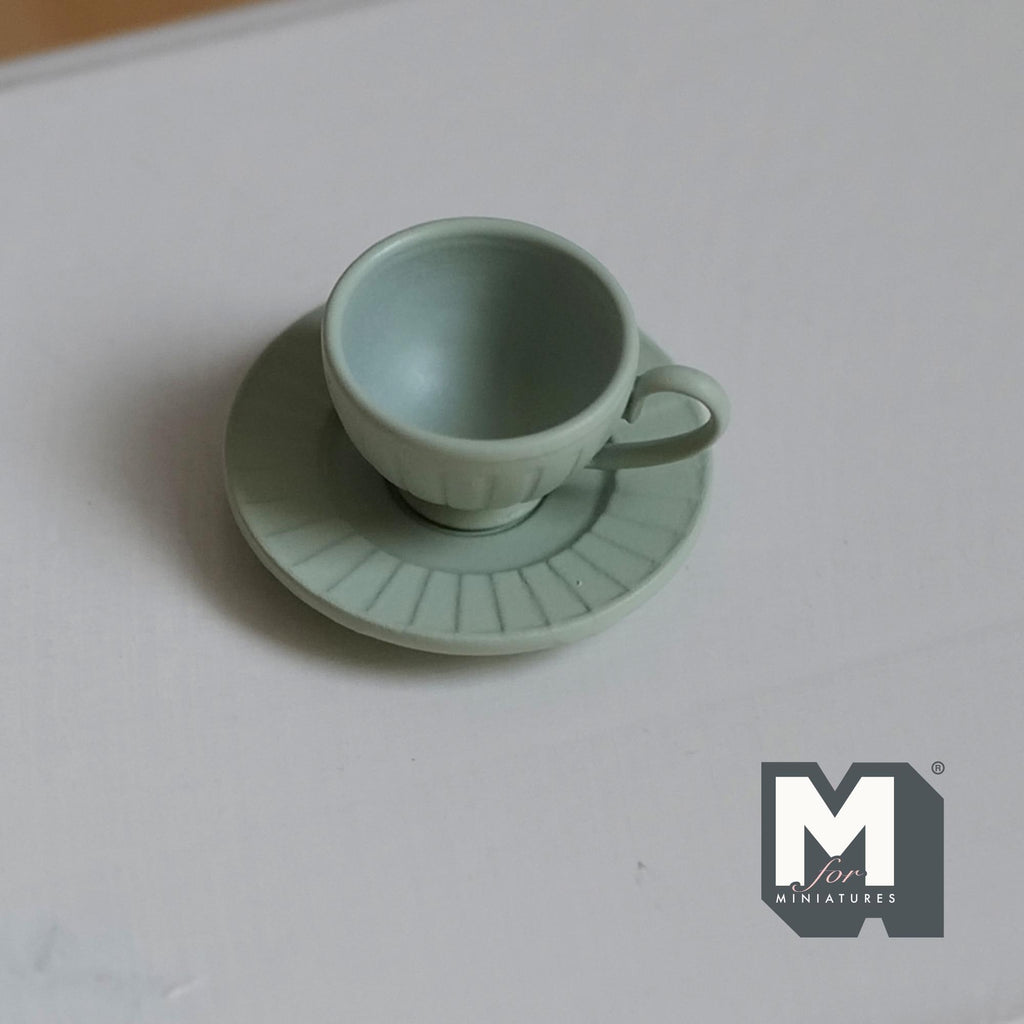 Miniature Coffee Cup and Saucer Set 1:12 Scale Dollhouse Tea Cup Drinkware Set of 2 (green) (metal) - F071