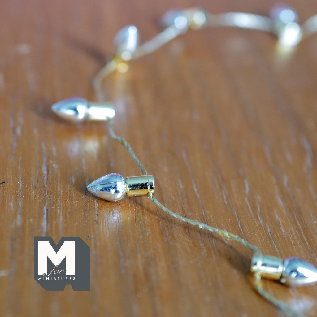 1:12 Scale Miniature Silver Light Bulb Beads Chain with Gold String, Non Working, Cut to Length, 12 inch long