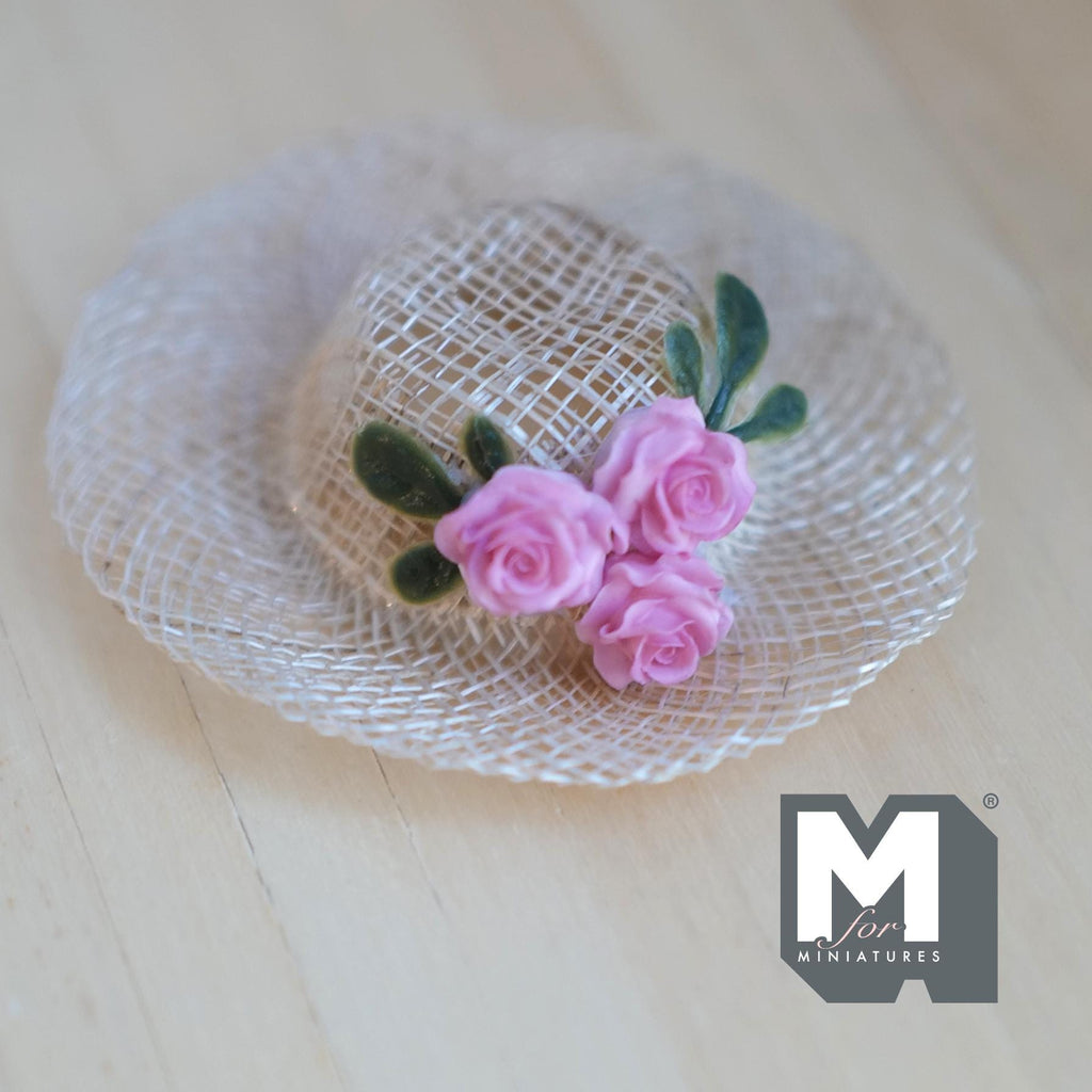 1:6 Scale Miniature Woven Pattern Straw Hat with White Lace & 3 Pink Roses 2-3/16 inch dia. - C060