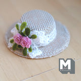 1:6 Scale Miniature Woven Pattern Straw Hat with White Lace & 2 Pink Roses 2-3/16 inch dia. - C060