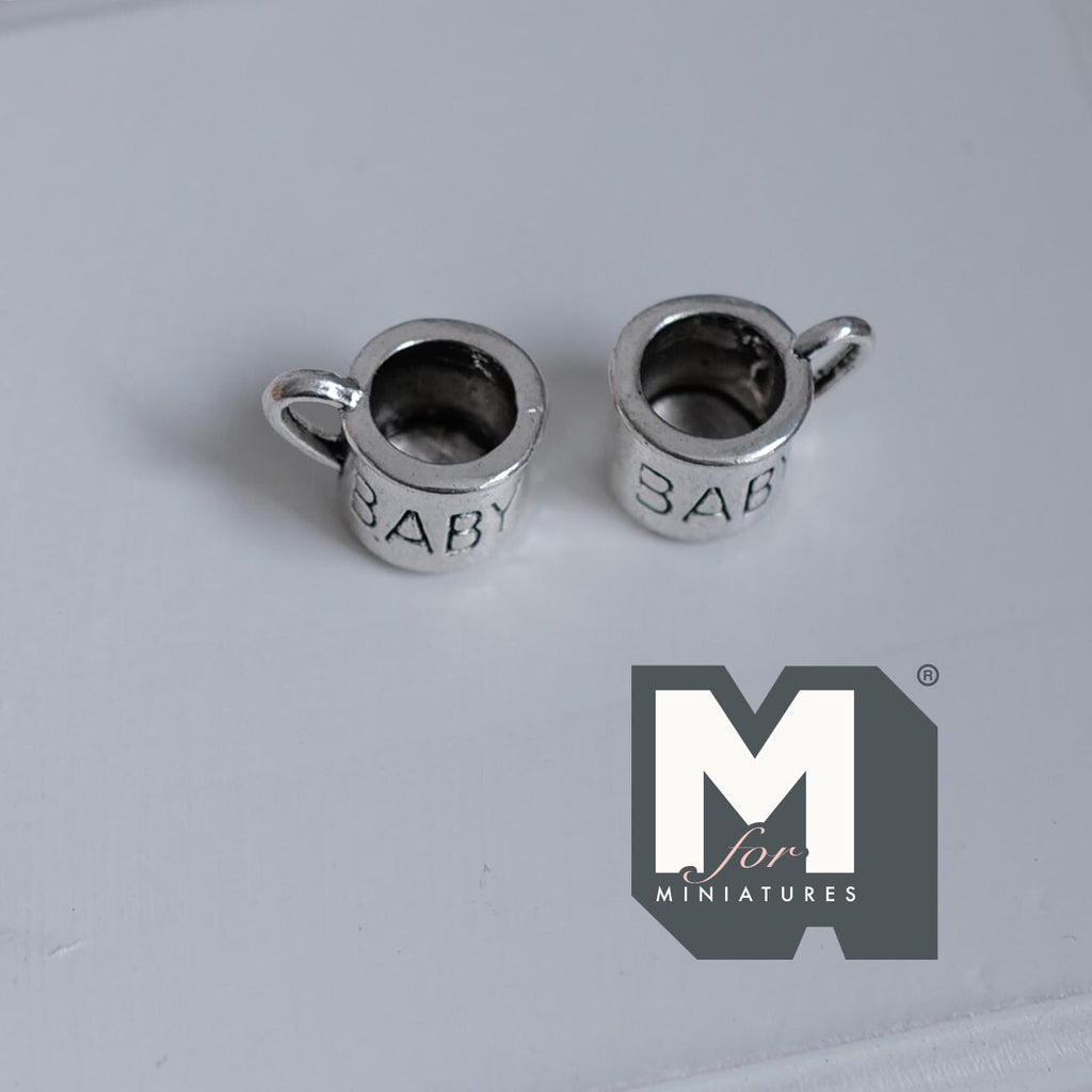 Miniature Metal Baby Mugs Set of 2 . 1:12 Scale Dollhouse Kitchen Accessories Drinkware 5/16 inch tall (silver) -