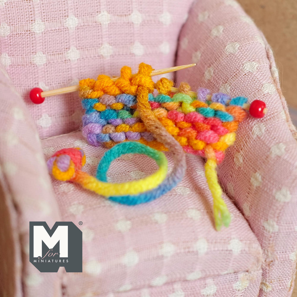 Miniature Knitting Rainbow Yarn and Needles 1:12 Scale Working Yarn and Wood Needles - C042