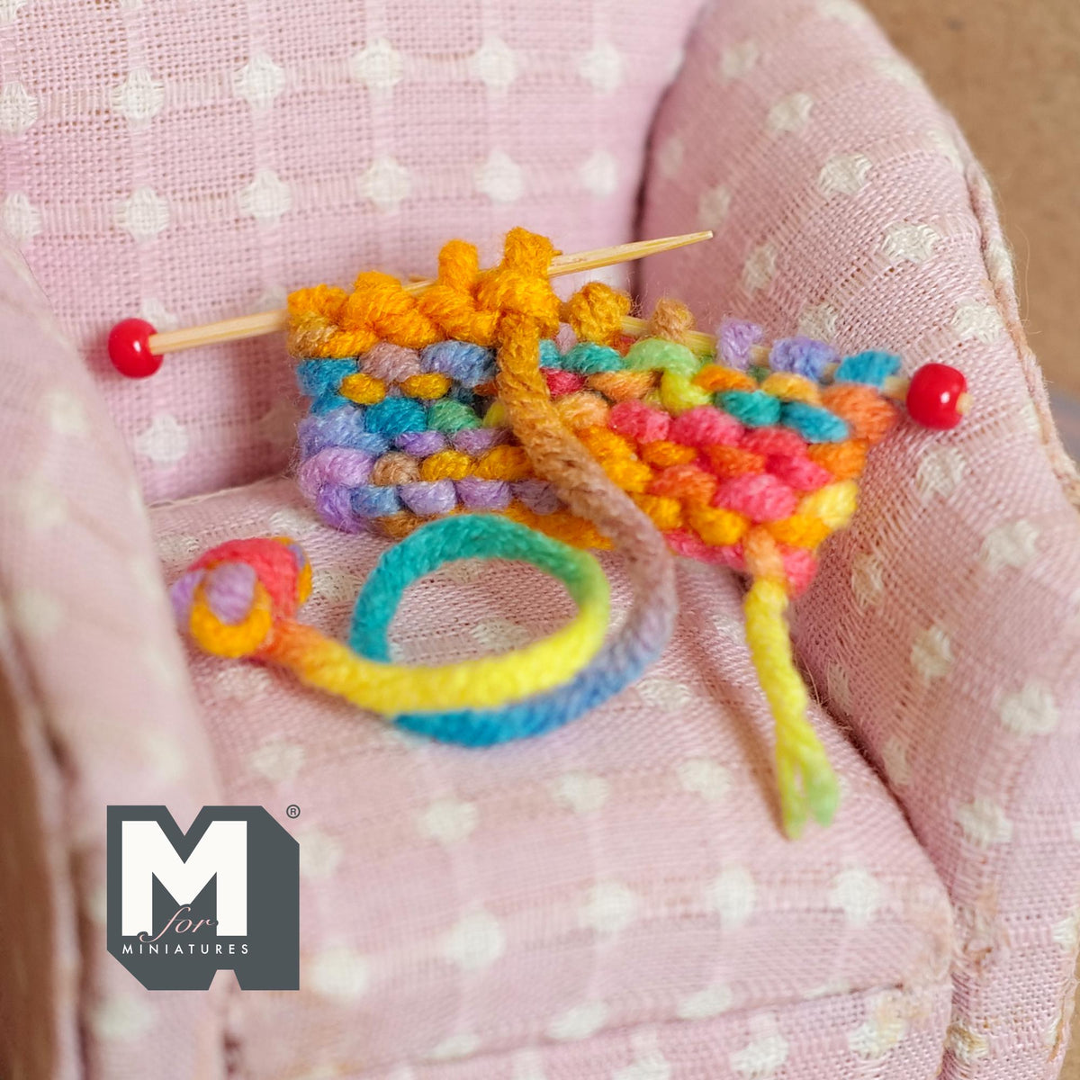 Miniature Knitting Rainbow Yarn and Needles 1:12 Scale Working Yarn and Wood Needles - C042