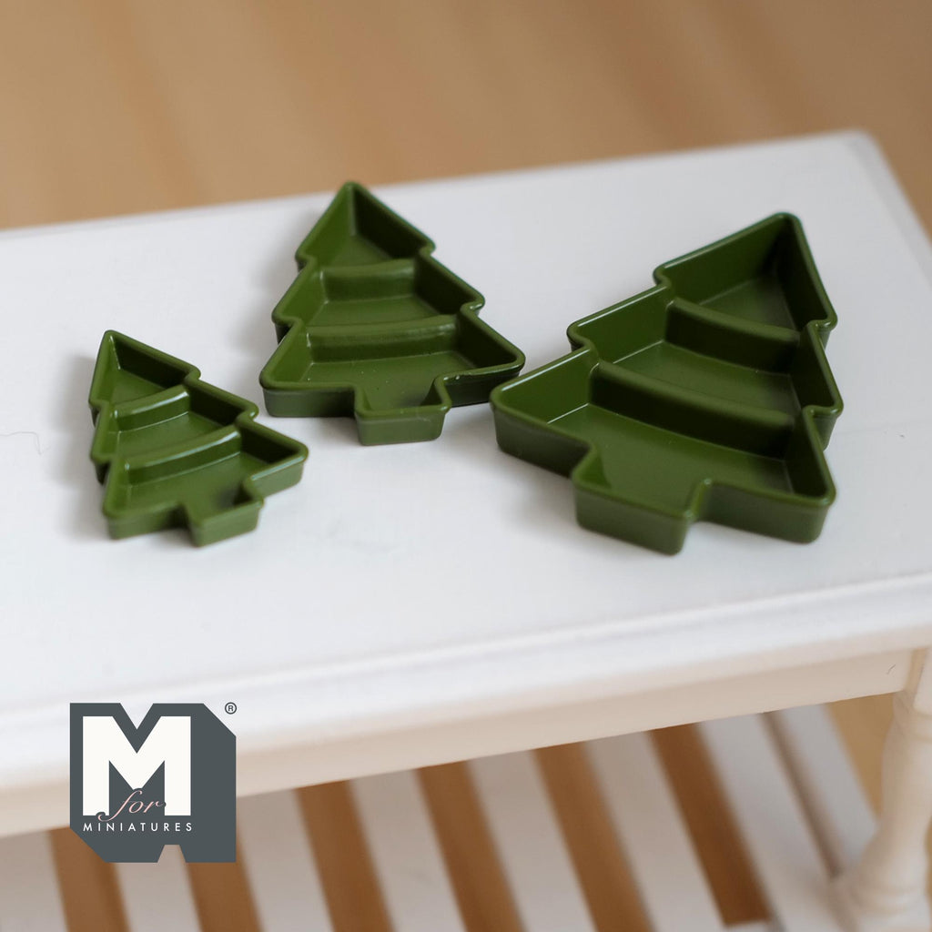 Miniature Christmas Tree Shaped Trays,  1:12 Scale Dollhouse Christmas Accessories Set of 3 (pine green) (metal) - G067