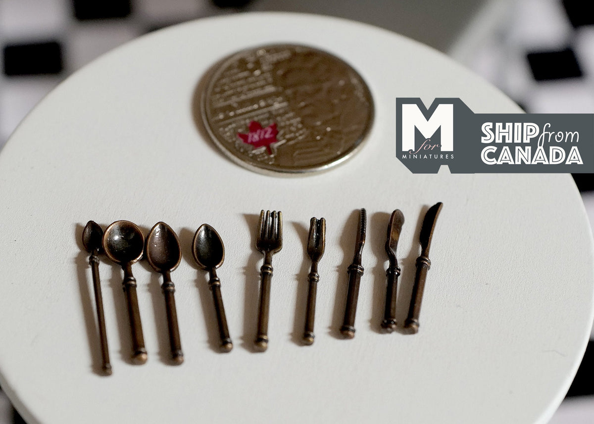 Miniature Metal Flatware Set of 9 , 1:12 Scale Dollhouse Dining Ware Tableware Set Salad Fork Butter Knife Soup Spoon (bronze) - F074
