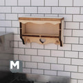 1:12 scale miniature wood heart cutout wall shelf kit with 2 coat pegs, shown assembled on a white tile wall