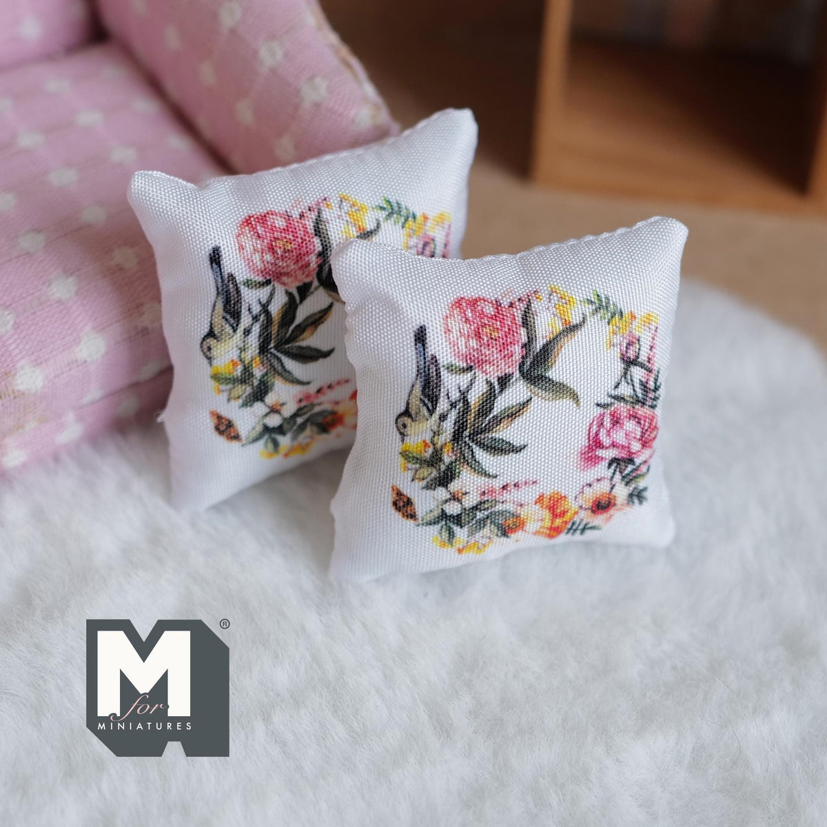 Miniature Flower Themed Cushion Set of 2 , 1:12 Scale Dollhouse Decor 1-9/6 inch wide (style j) - K030