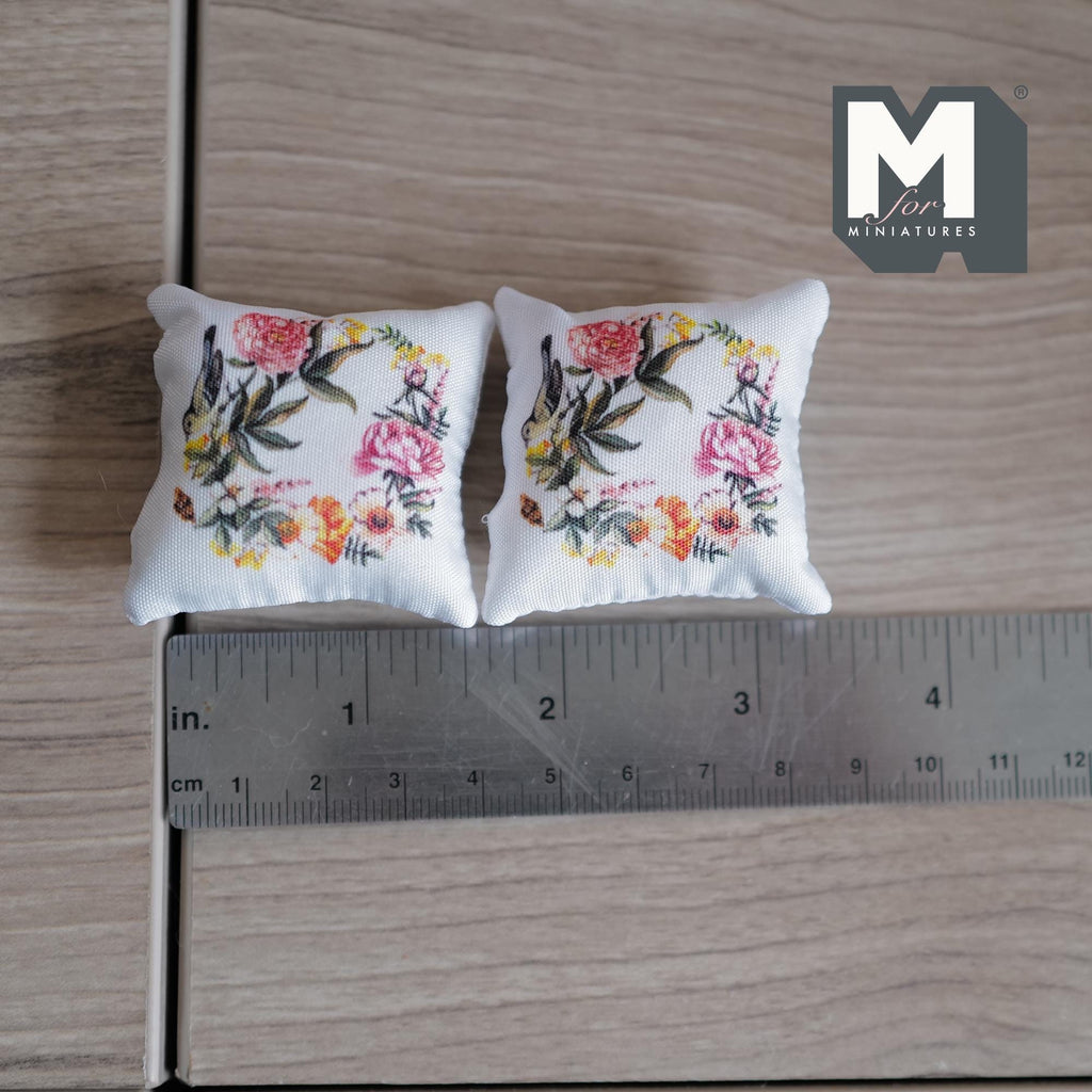 Miniature Flower Themed Cushion Set of 2 , 1:12 Scale Dollhouse Decor 1-9/6 inch wide (style j) - K030
