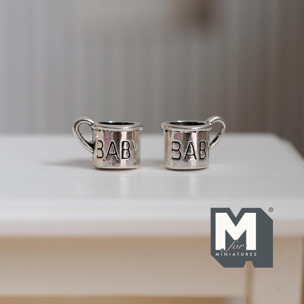Miniature Metal Baby Mugs Set of 2 . 1:12 Scale Dollhouse Kitchen Accessories Drinkware 5/16 inch tall (silver) -