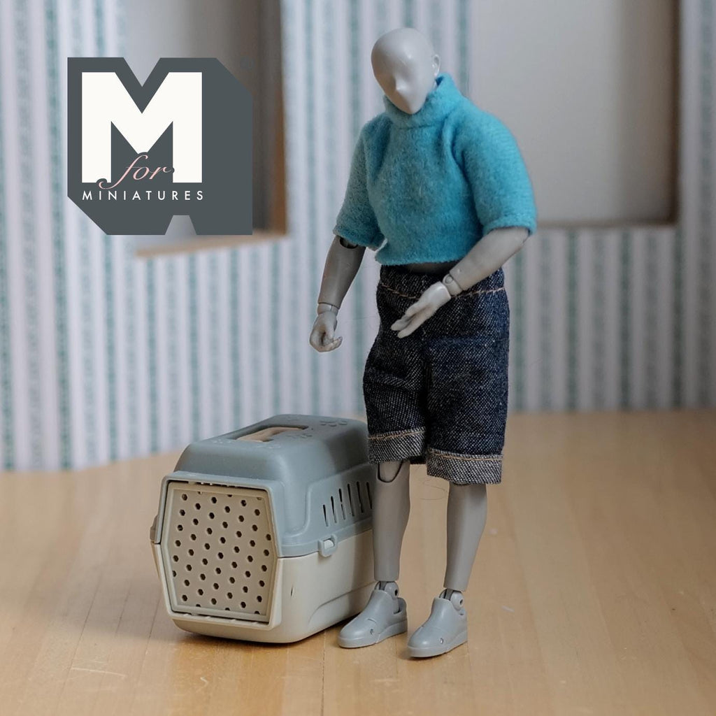 Miniature Pet Travel Carrier 1:12 Scale Dollhouse Dog Cat Cage Travel Pet Crate with Handle (gray beige) - B054