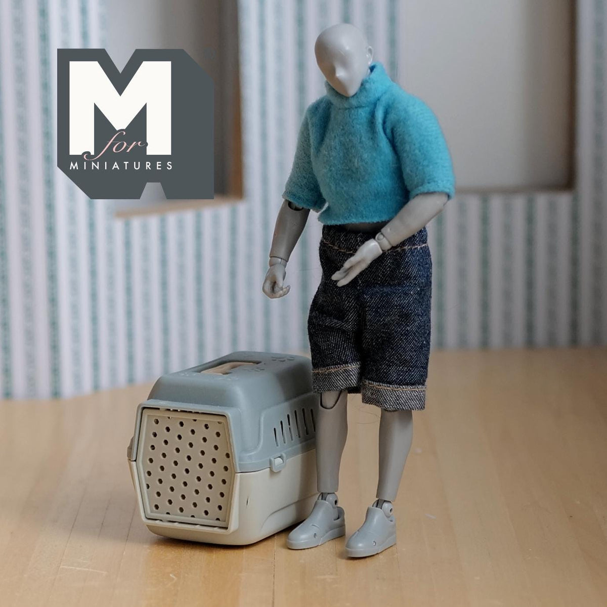 Miniature Pet Travel Carrier 1:12 Scale Dollhouse Dog Cat Cage Travel Pet Crate with Handle (gray beige) - B054