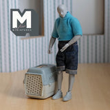 Miniature Pet Travel Carrier 1:12 Scale Dollhouse Dog Cat Cage Travel Pet Crate with Handle (gray beige) - B054