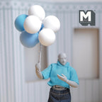 1:12 scale miniature large foam balloons in blue and white, set of 8, shown as a bunch held by a posed figure