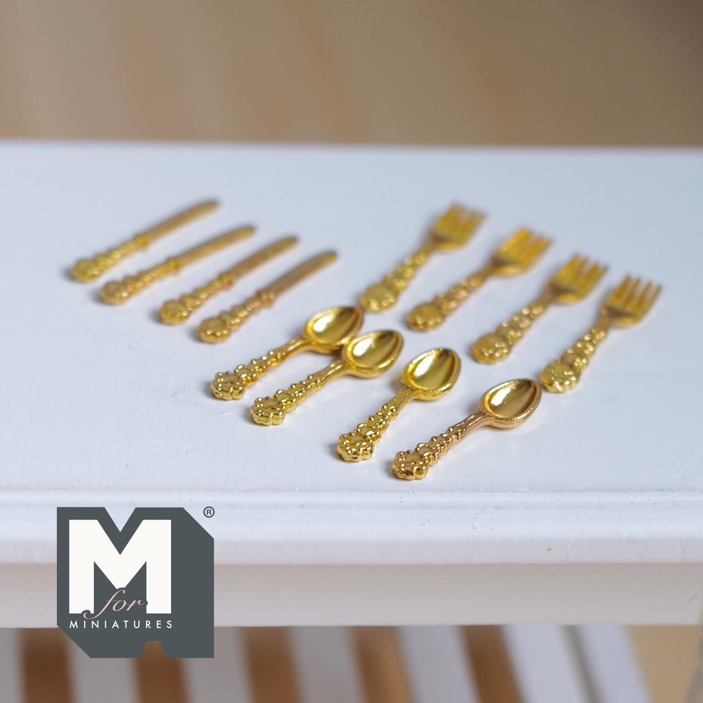 Dollhouse Metal Flatware 1:12 Scale Miniature Tableware Cutlery Set of 12 (gold) - F074