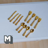 Dollhouse Metal Flatware 1:12 Scale Miniature Tableware Cutlery Set of 12 (gold) - F074