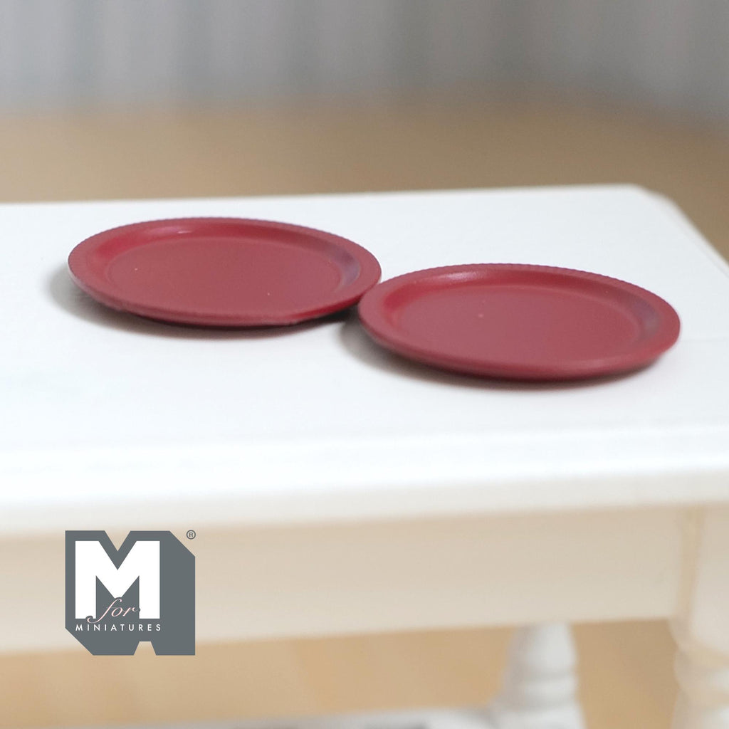 Miniature Flat Plates 1:12 Scale Dollhouse Tableware Large Size Serving Plates Set of 2 , 1 inch dia. (red) (metal) - A043