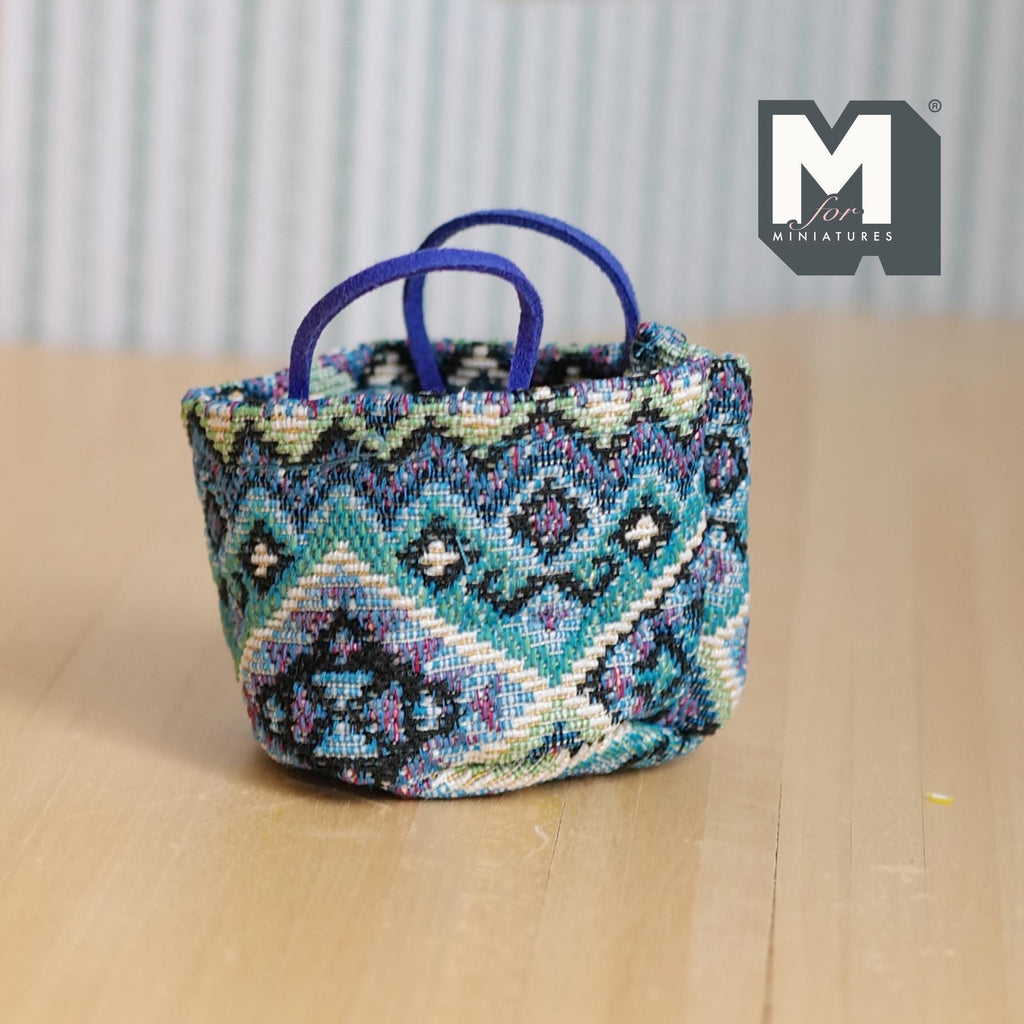 Miniature Woven Laundry Bag 1:12 Scale Geometric Patter Tote Bag 2-3/4 inch wide - C043