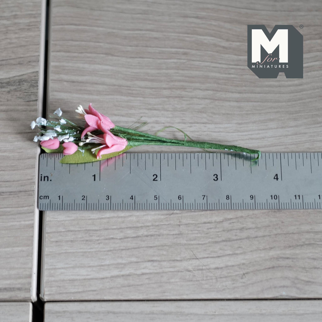 1:12 Scale Miniature Pink Flower Bunch with White Filler, Flower Stem for Fairy Garden and Diorama, 3-15/16 inch long