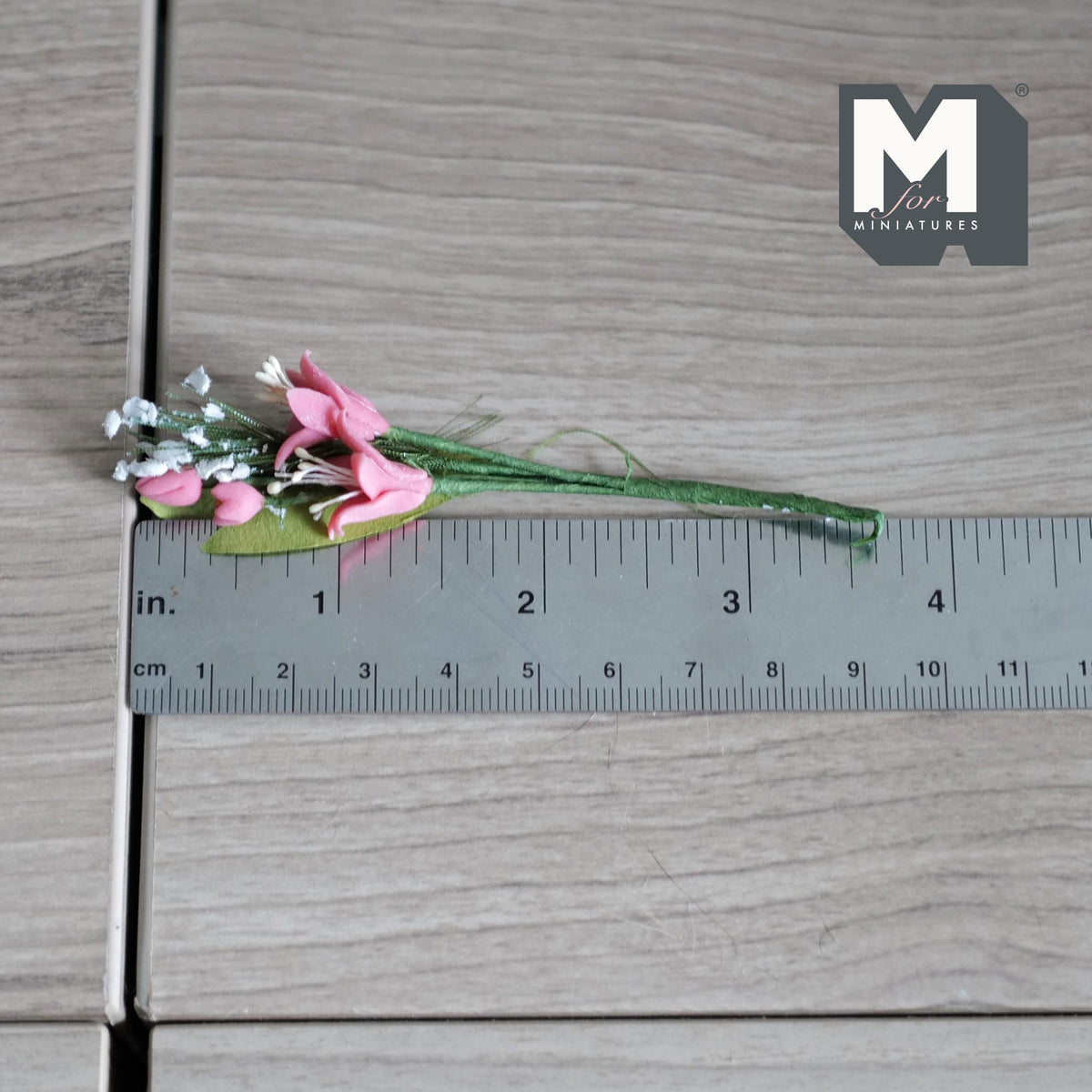 1:12 Scale Miniature Pink Flower Bunch with White Filler, Flower Stem for Fairy Garden and Diorama, 3-15/16 inch long