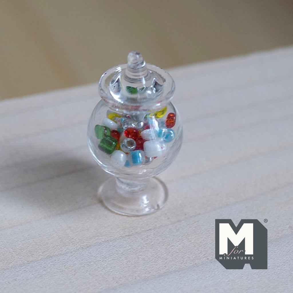 Miniature Glass Jar with Gumballs 1:12 Scale Dollhouse Kitchen Decor 1-1/16 inch tall (fixed lid) - E055