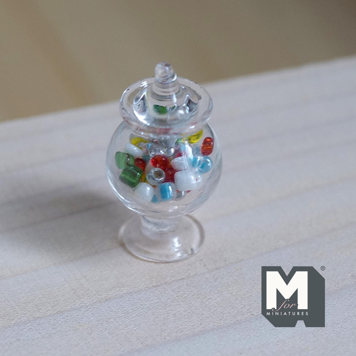 Miniature Glass Jar with Gumballs 1:12 Scale Dollhouse Kitchen Decor 1-1/16 inch tall (fixed lid) - E055
