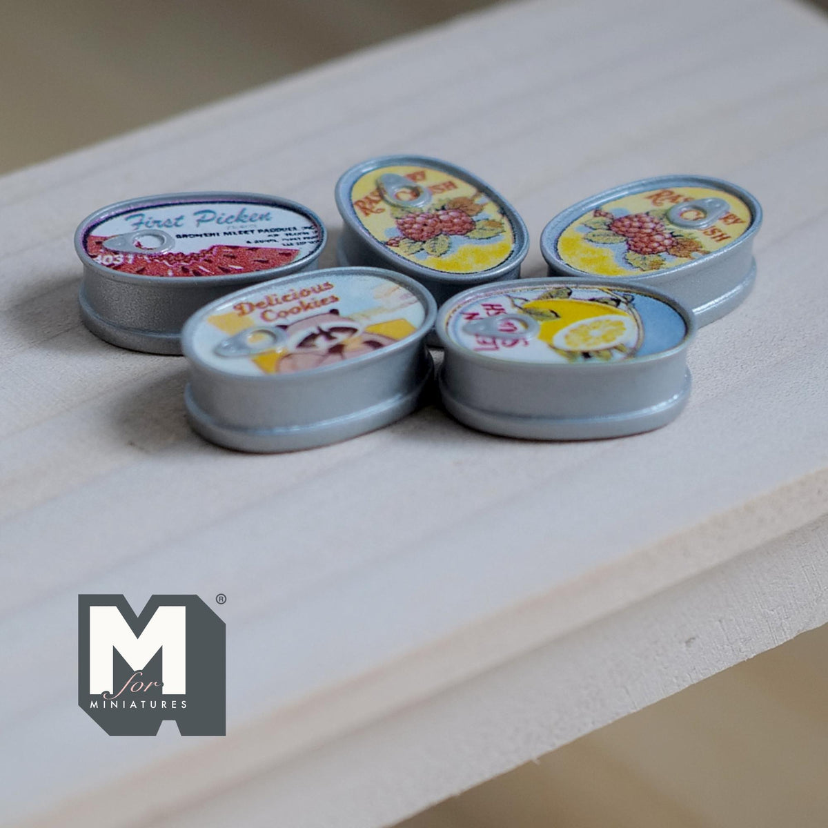 Miniature Oval Food Cans Set of 5 Dollhouse Kitchen Food Decors 3/4 inch long (resin) - E032