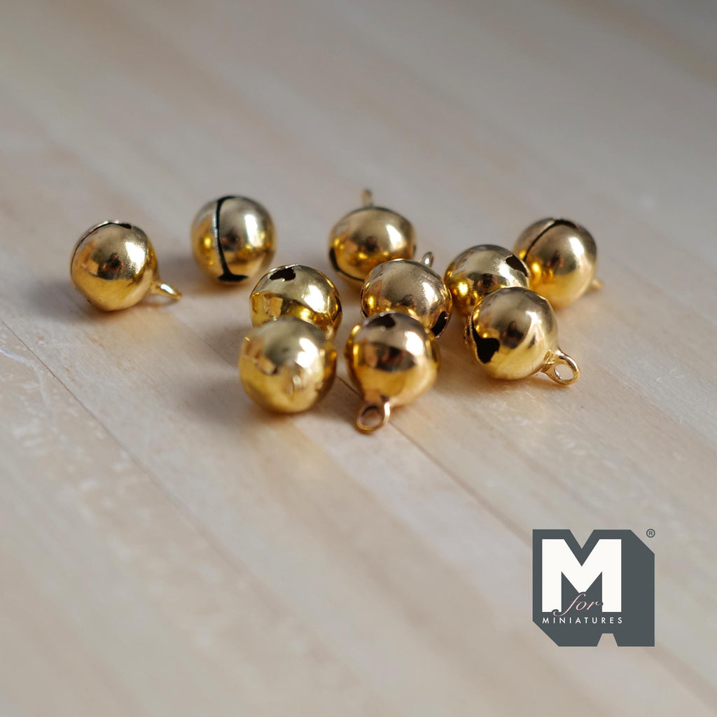 1:12 Scale Miniature Globe Bells Set of 10, Craft Charms with String, Metal Plated, 3/8 inch dia.