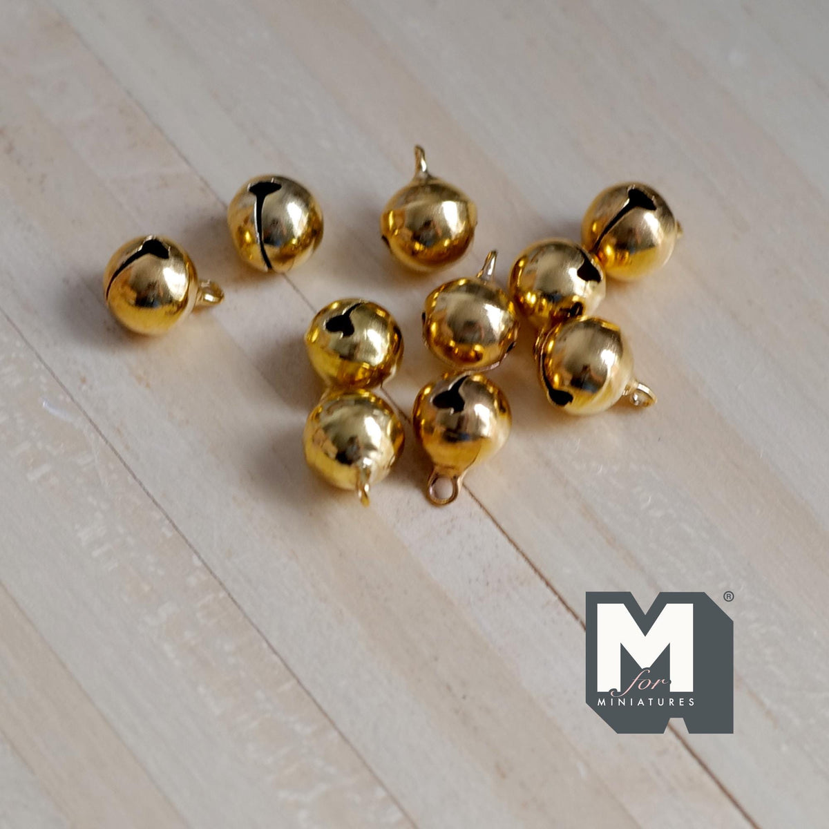 1:12 Scale Miniature Globe Bells Set of 10, Craft Charms with String, Metal Plated, 3/8 inch dia.