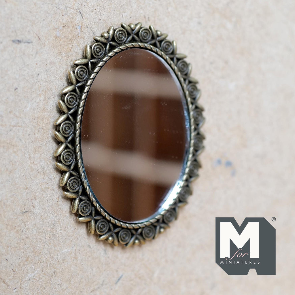 1:12 Scale Miniature Ornate Bronze Oval Mirror Dollhouse Wall Mirror 2 inch tall (metal) - F040