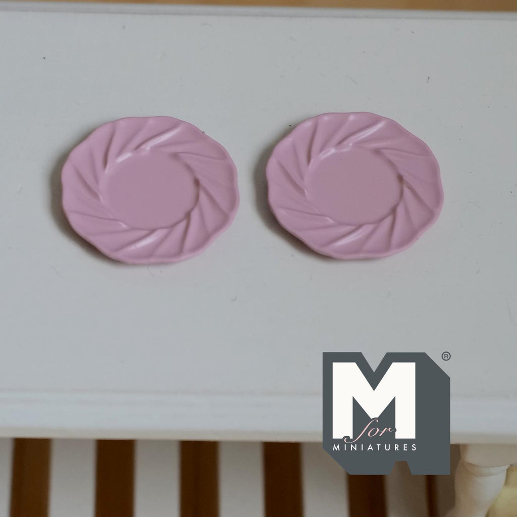 1:12 Scale Miniature Dining Plates Set of 2 Dollhouse Kitchen Tableware 7/8 inch dia. (L) (pink) (metal) - A030